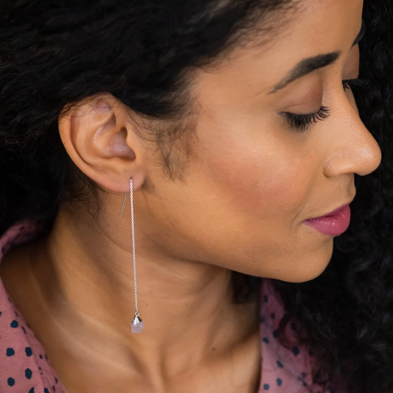 Raw Rose Quartz Sterling Silver Threader Earrings