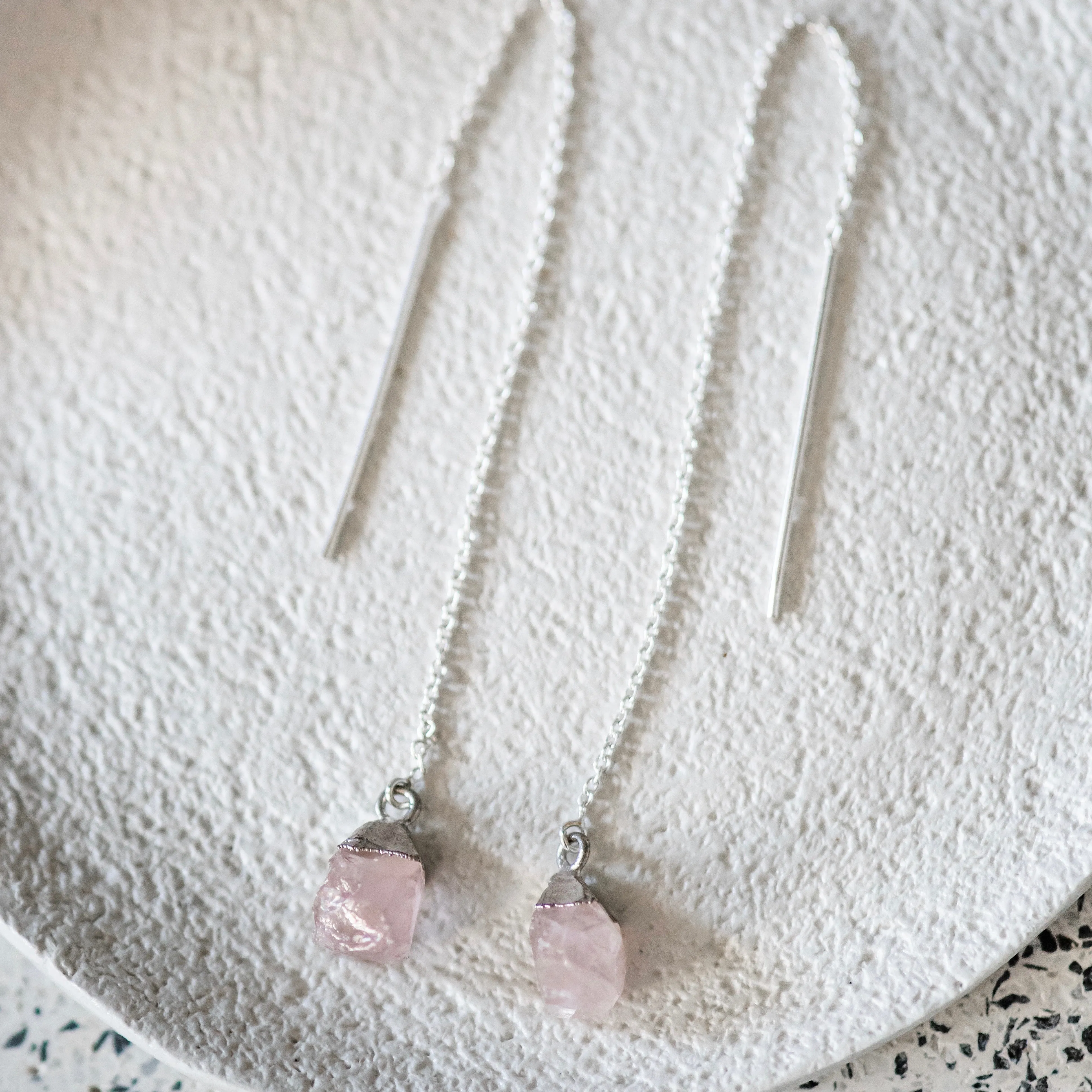Raw Rose Quartz Sterling Silver Threader Earrings