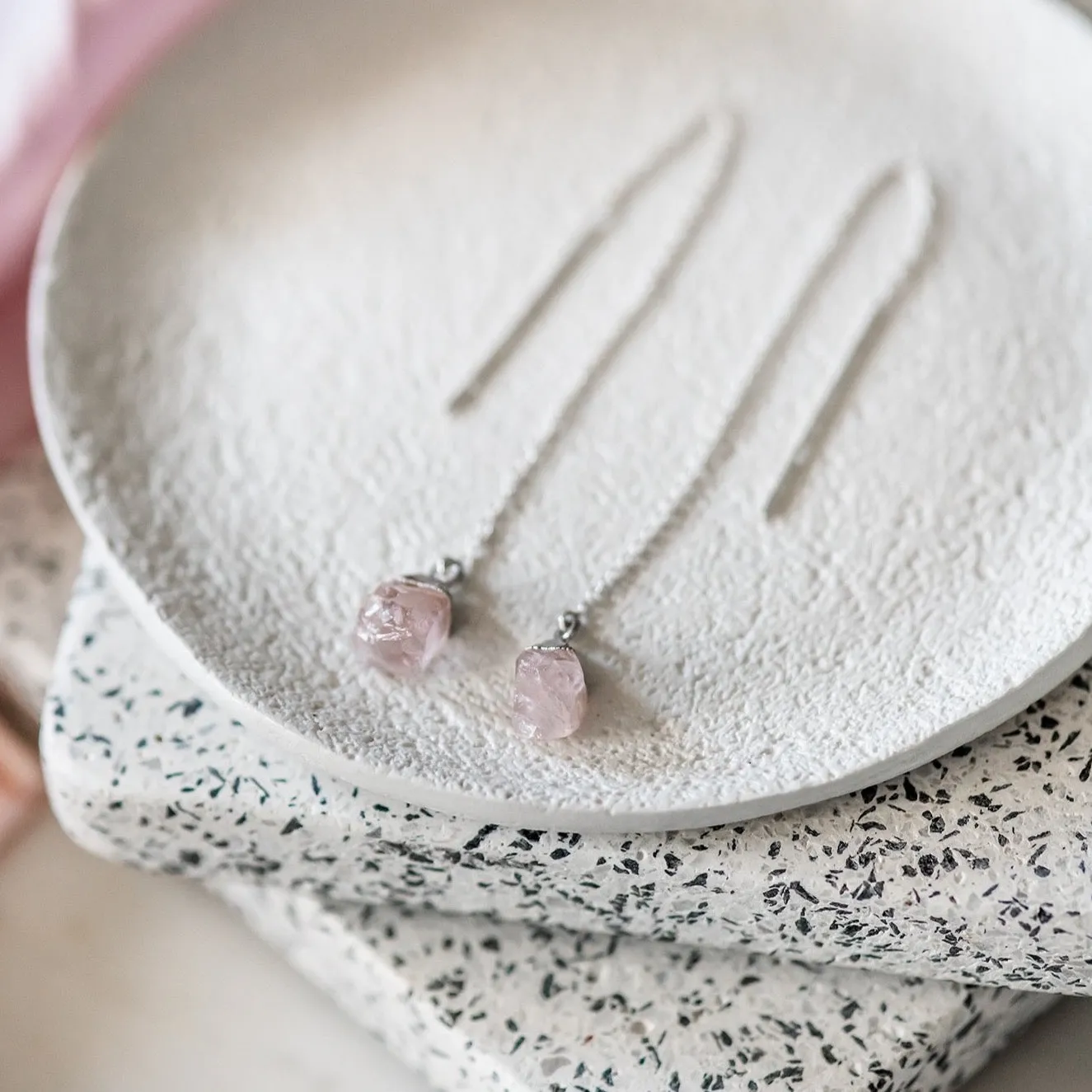 Raw Rose Quartz Sterling Silver Threader Earrings
