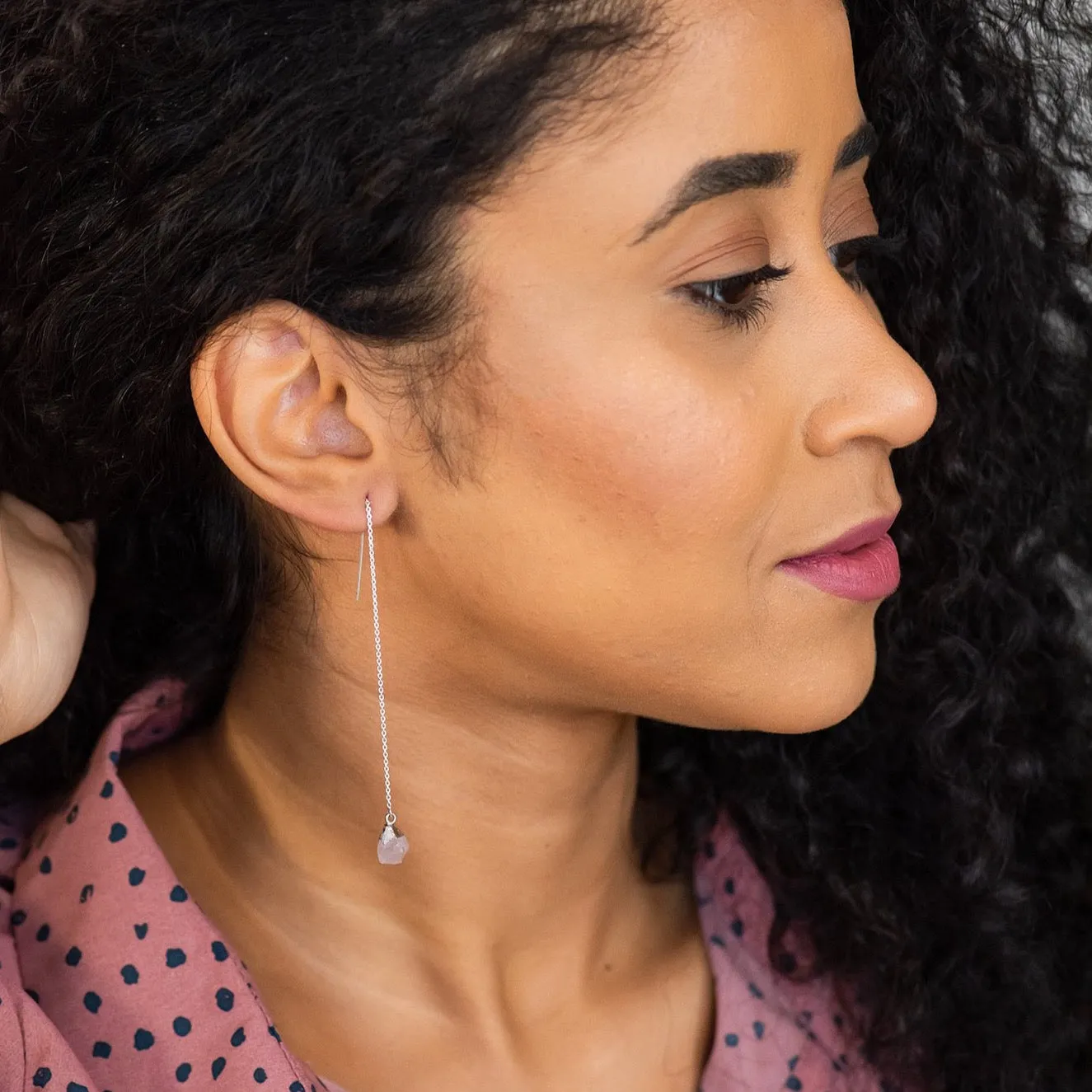 Raw Rose Quartz Sterling Silver Threader Earrings