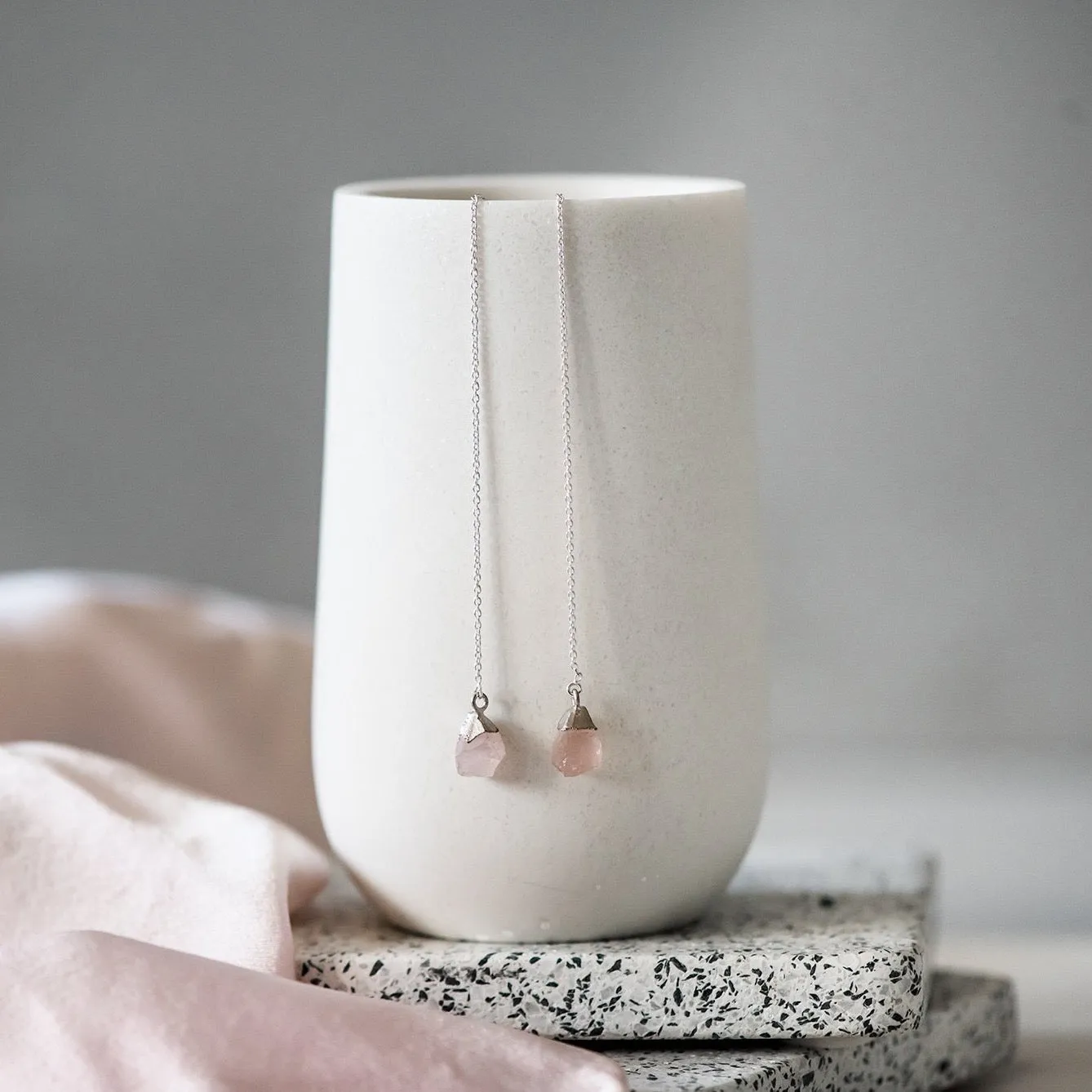 Raw Rose Quartz Sterling Silver Threader Earrings