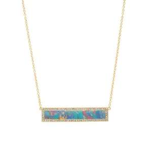 Red Boulder Opal Inlay Bar Necklace with Diamonds