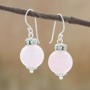 Rose Quartz and 925 Silver Dangle Earrings from Thailand - Perfect Orbs | NOVICA