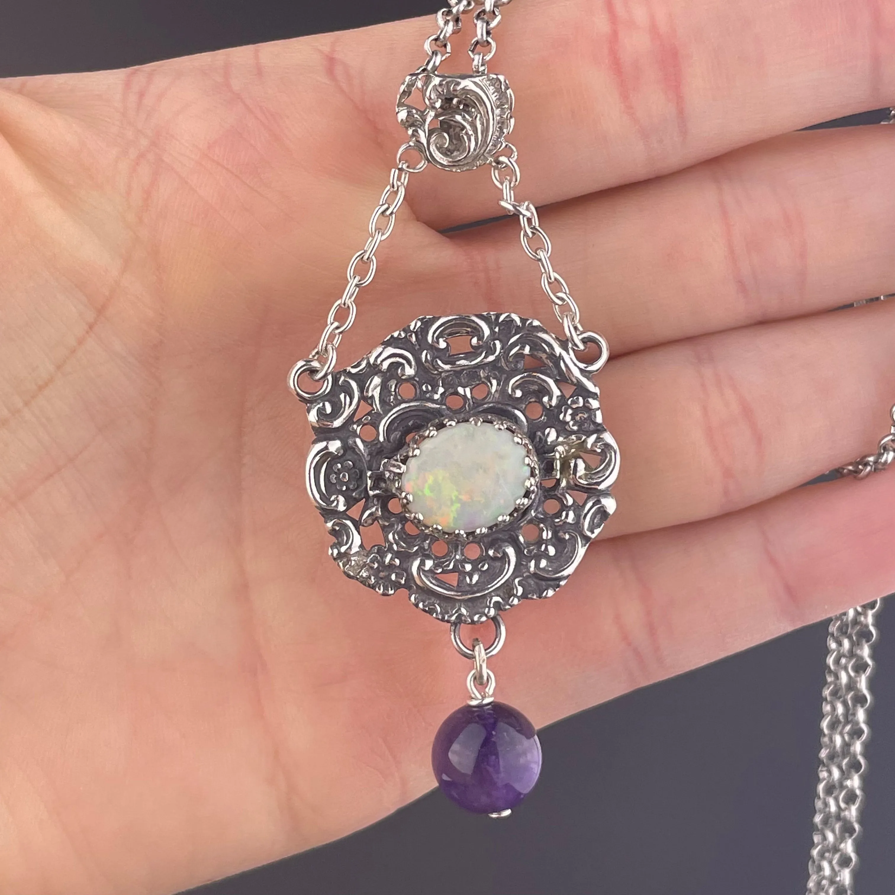 Silver Amethyst Opal Art Nouveau Pendant Necklace