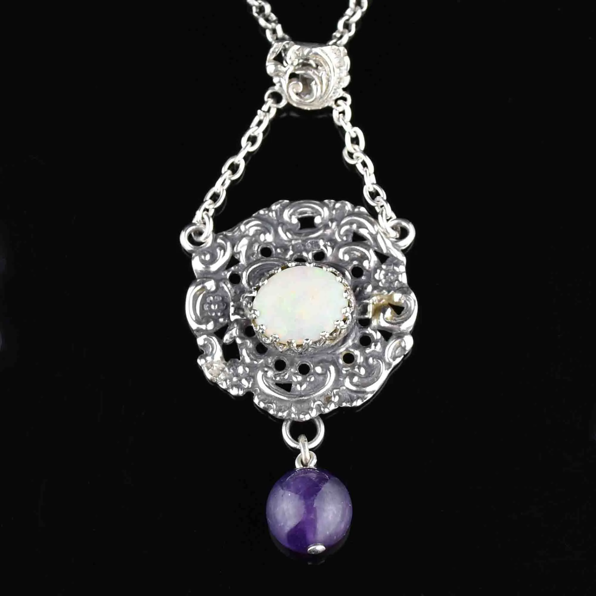 Silver Amethyst Opal Art Nouveau Pendant Necklace