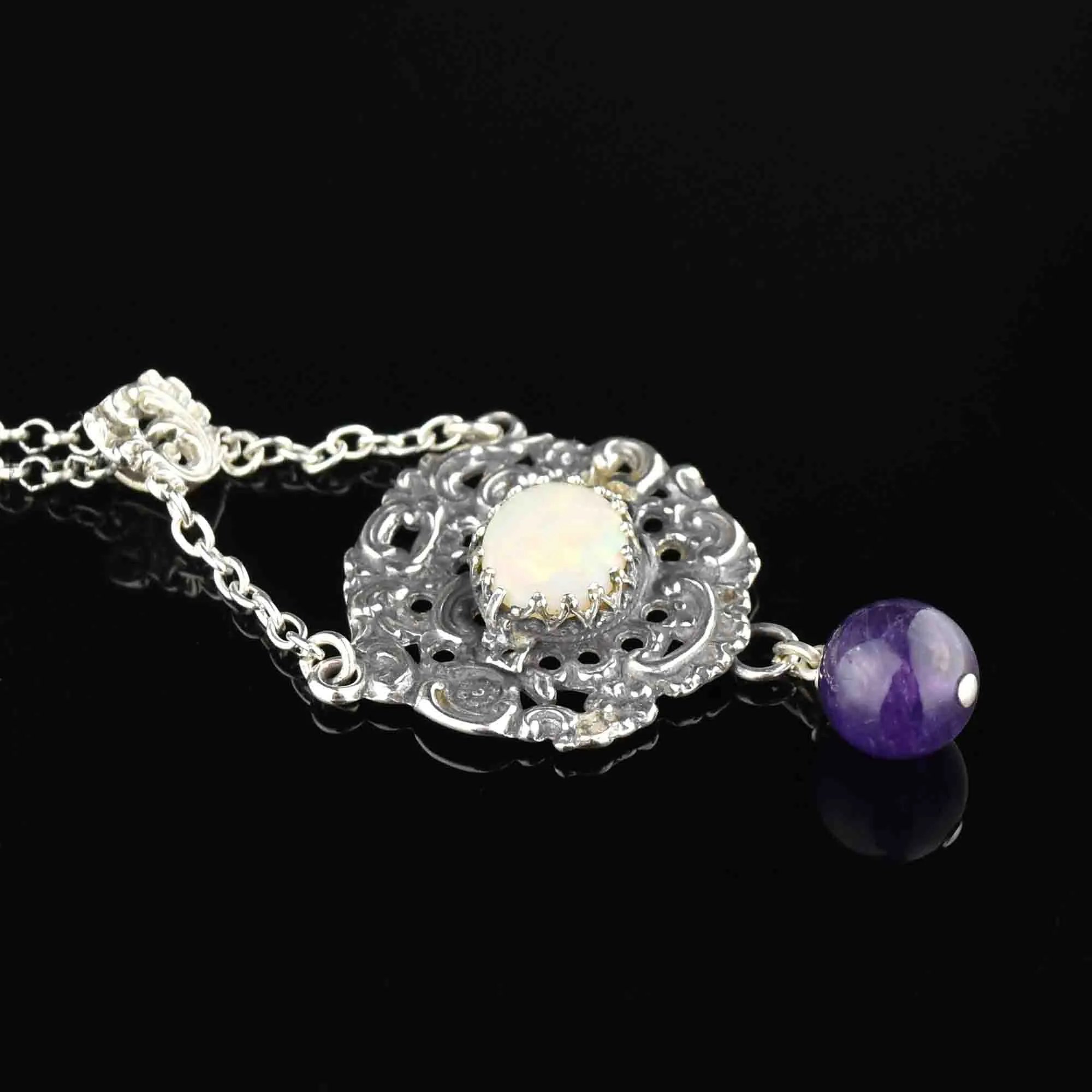 Silver Amethyst Opal Art Nouveau Pendant Necklace
