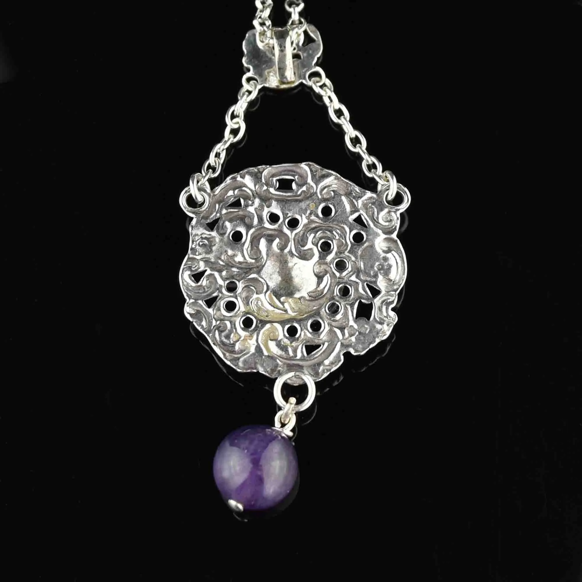 Silver Amethyst Opal Art Nouveau Pendant Necklace