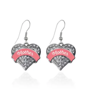 Silver Coral Mother Pave Heart Charm Dangle Earrings