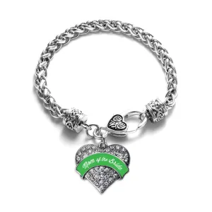 Silver Emerald Green Mom of the Bride Pave Heart Charm Braided Bracelet