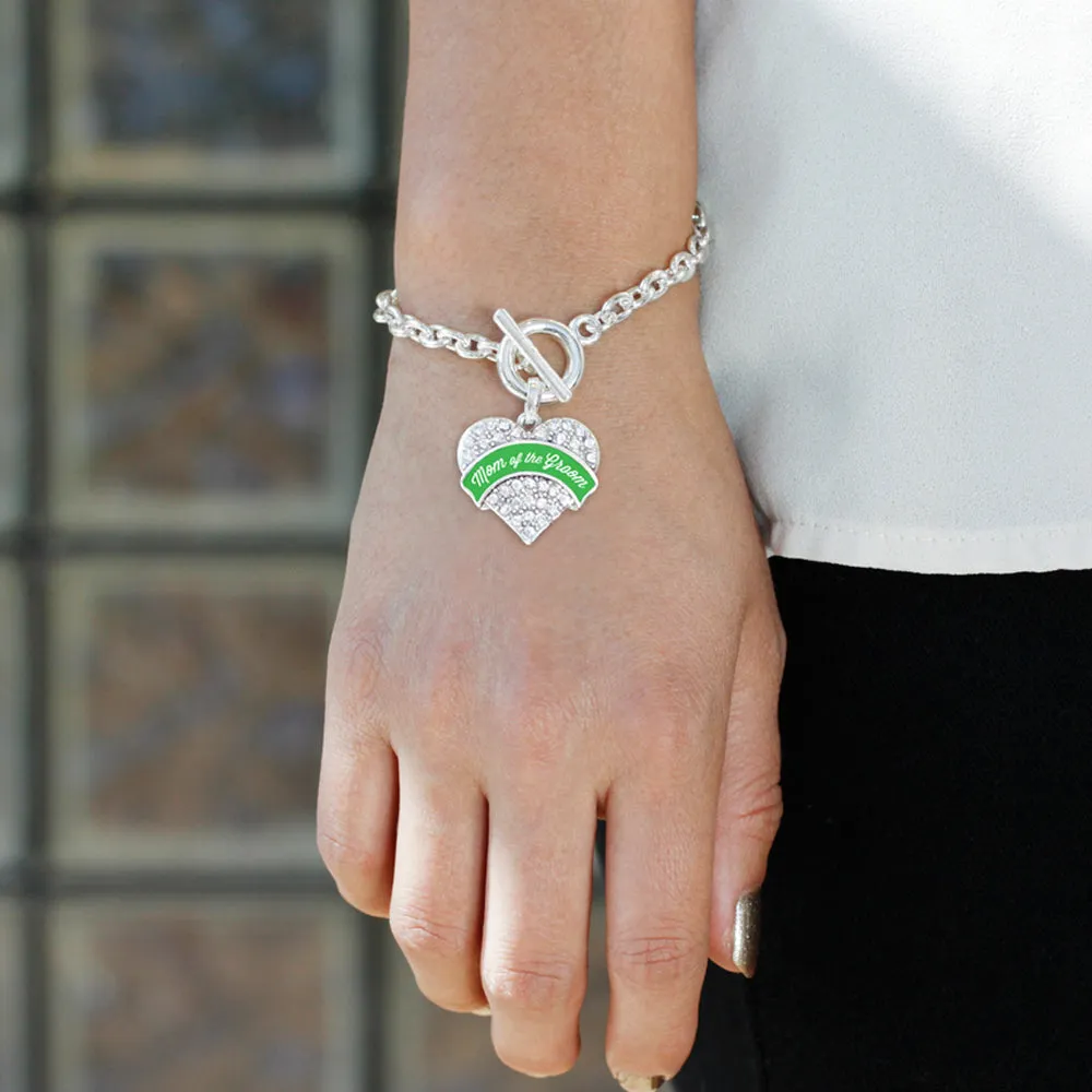 Silver Emerald Green Mom of the Groom Pave Heart Charm Toggle Bracelet