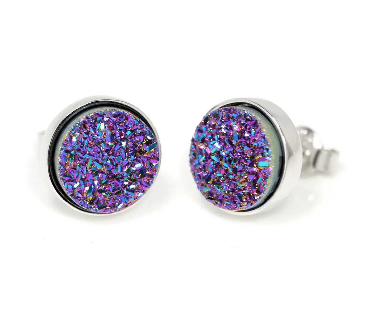 Small Round Purple Rainbow Druzy Stud Earrings