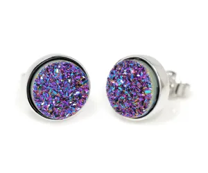 Small Round Purple Rainbow Druzy Stud Earrings