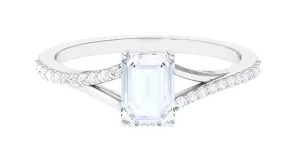 Split Shank Emerald Cut Solitaire Moonstone and Diamond Ring