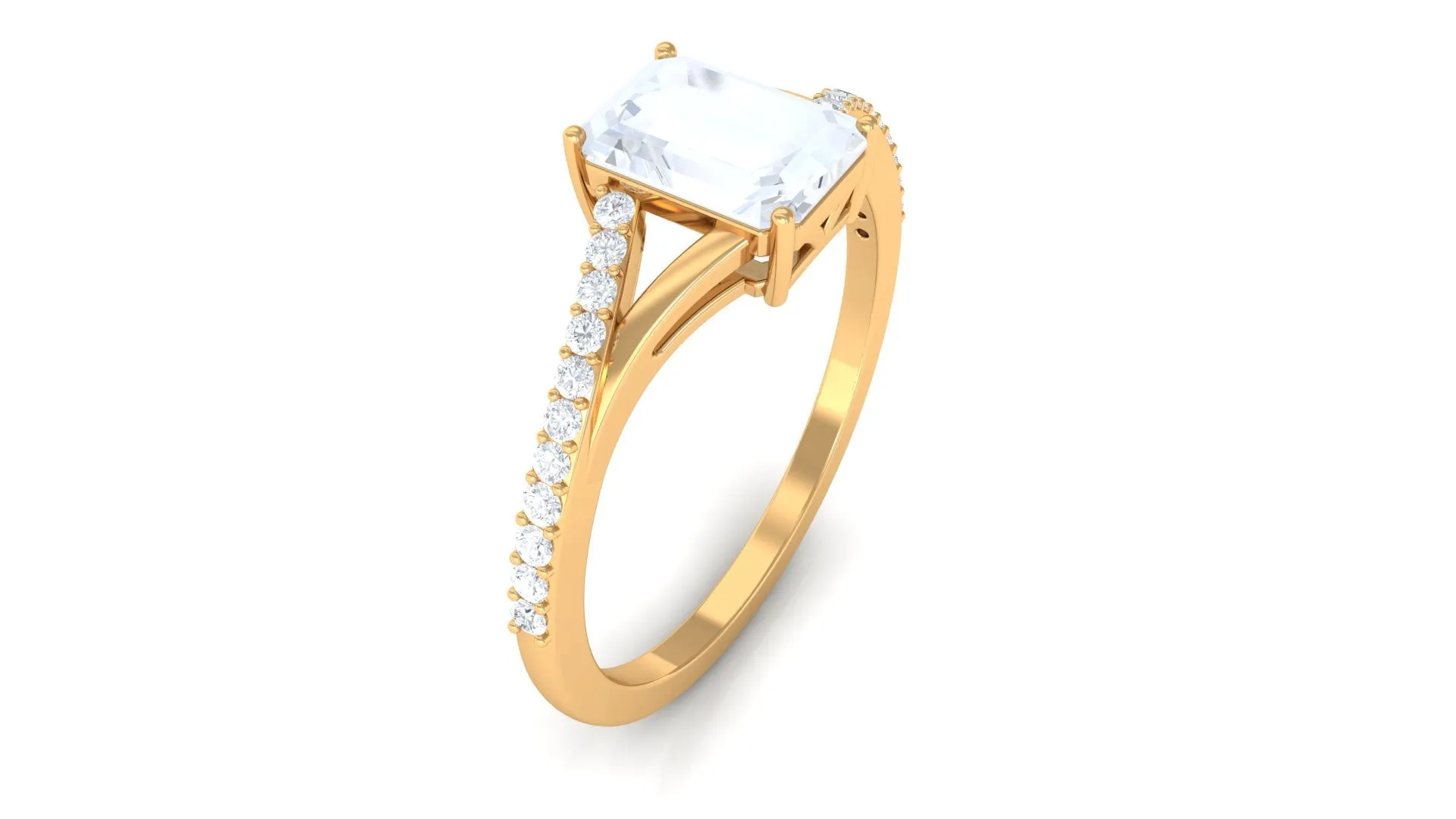 Split Shank Emerald Cut Solitaire Moonstone and Diamond Ring