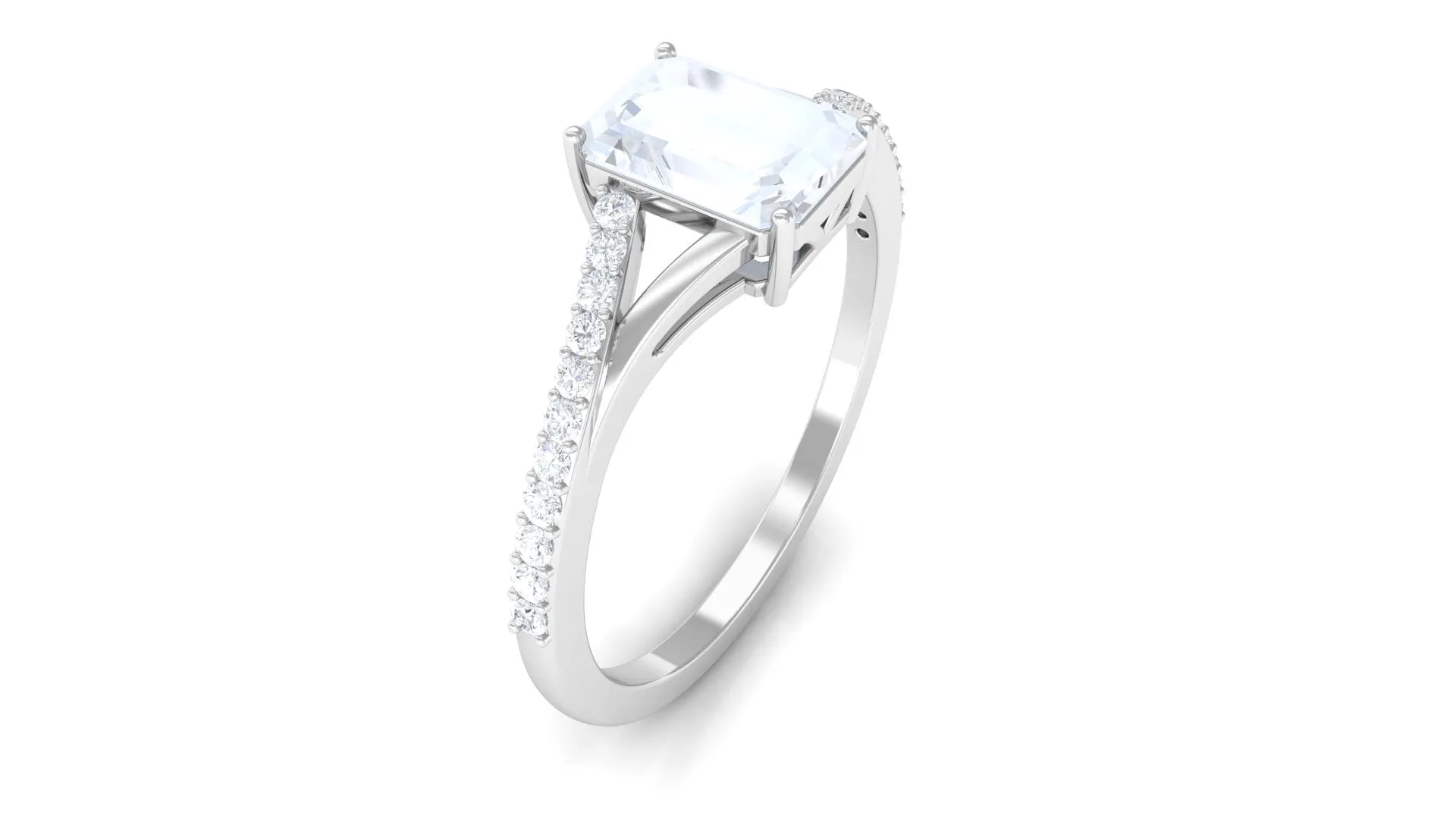 Split Shank Emerald Cut Solitaire Moonstone and Diamond Ring