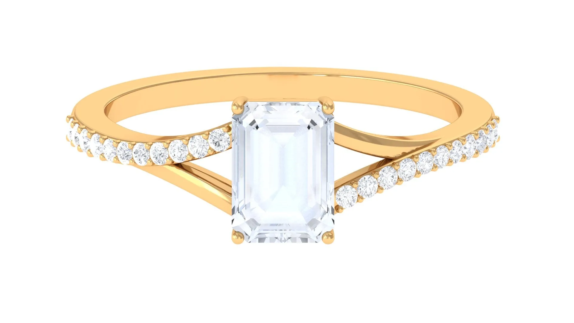 Split Shank Emerald Cut Solitaire Moonstone and Diamond Ring