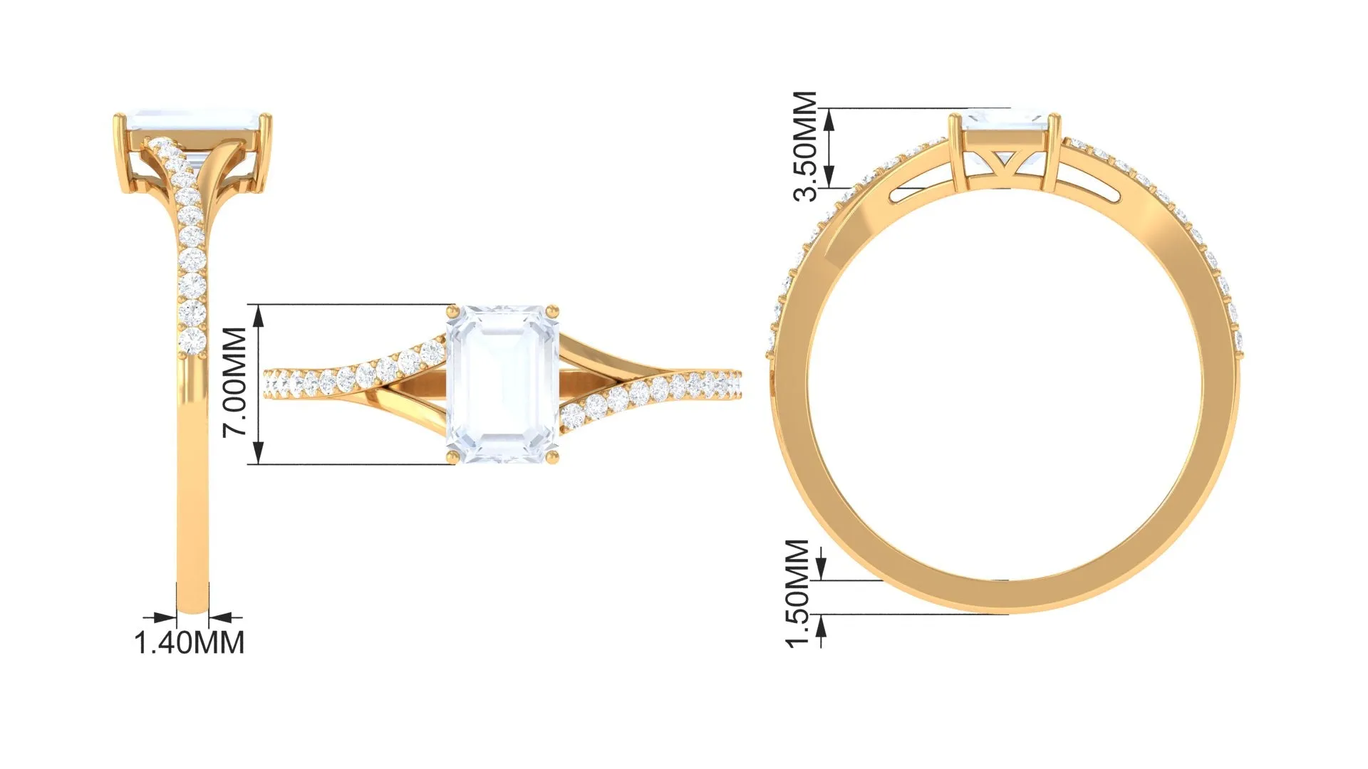 Split Shank Emerald Cut Solitaire Moonstone and Diamond Ring