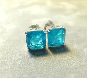 Square Neon Blue Paraiba Tourmaline Stud Earrings