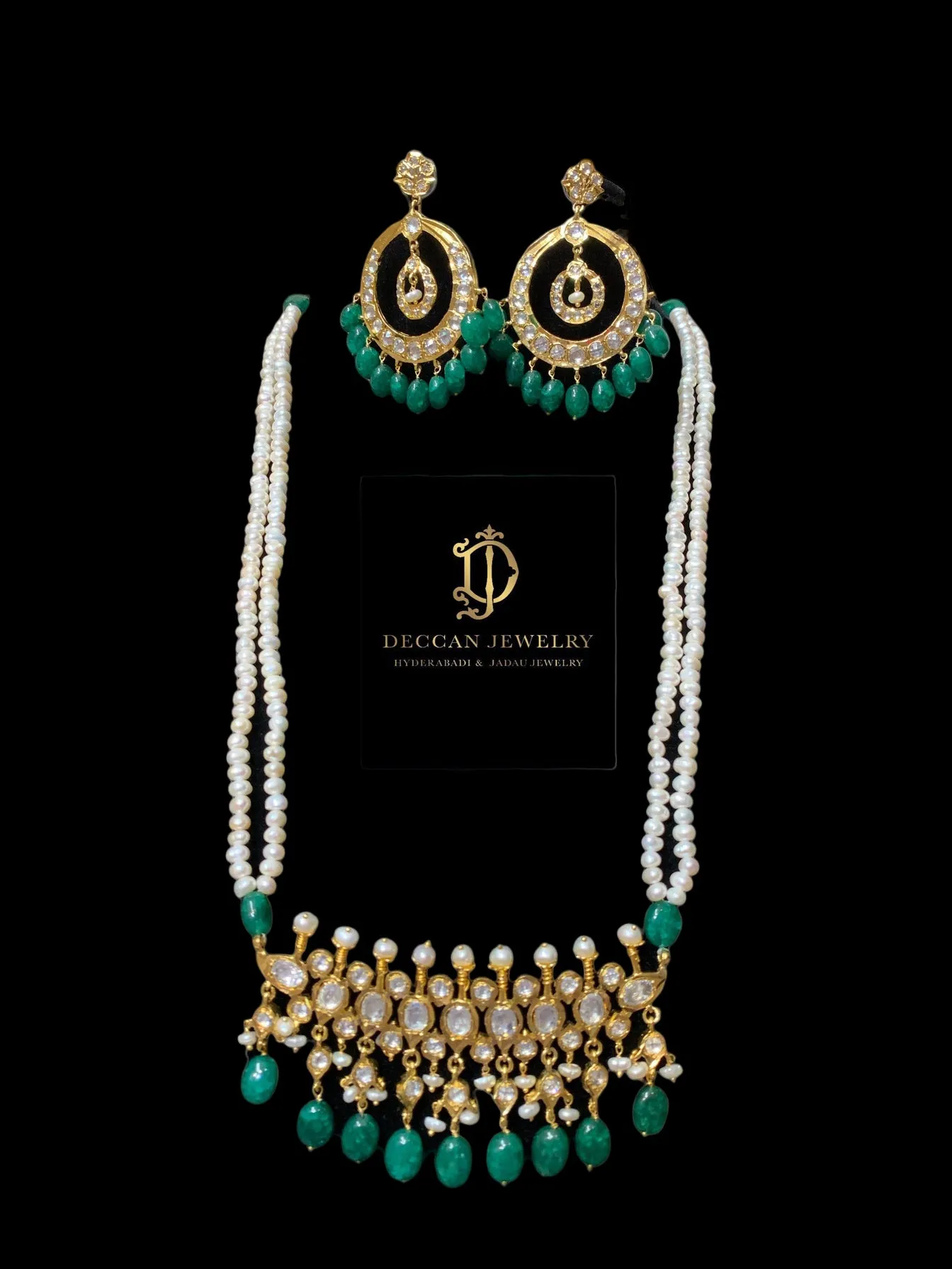 Tirmani in fresh water pearls and emerald beads ( SHIPS IN 4 WEEKS )