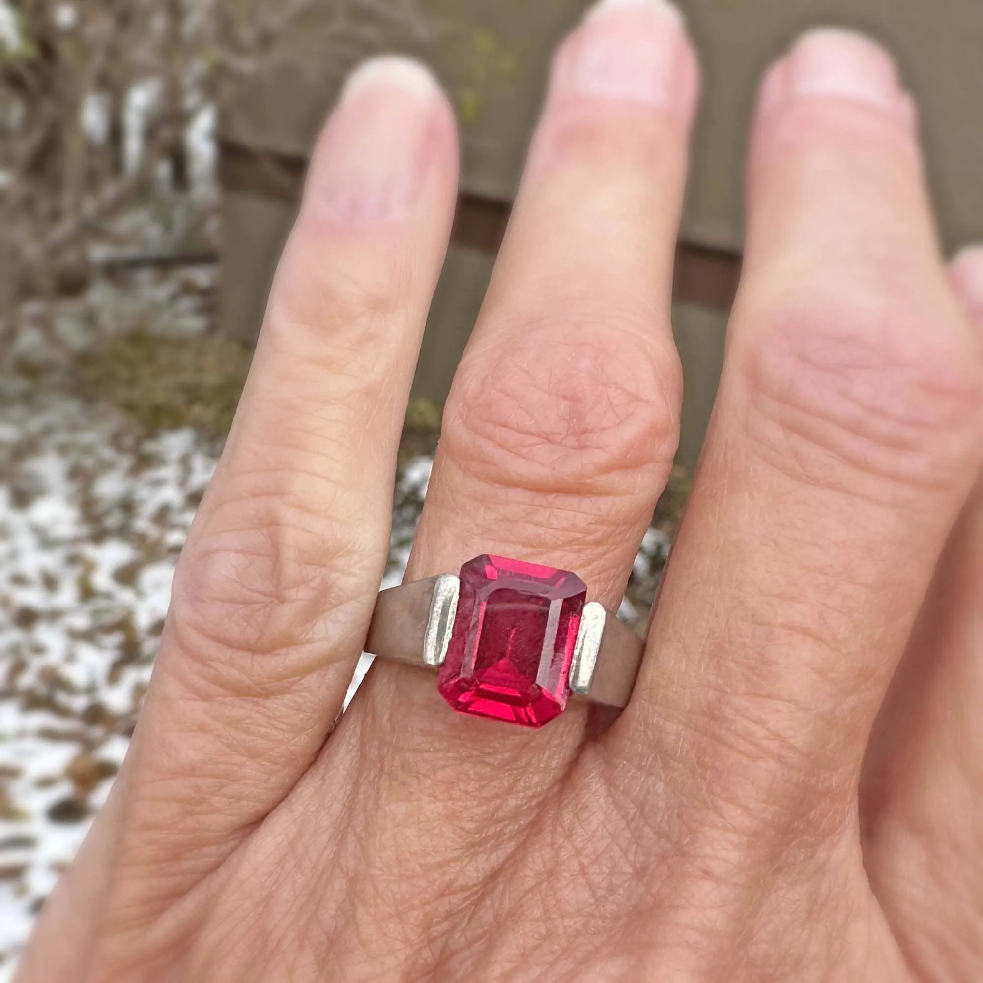 Vintage Step Cut Ruby Sterling Silver Signet Ring