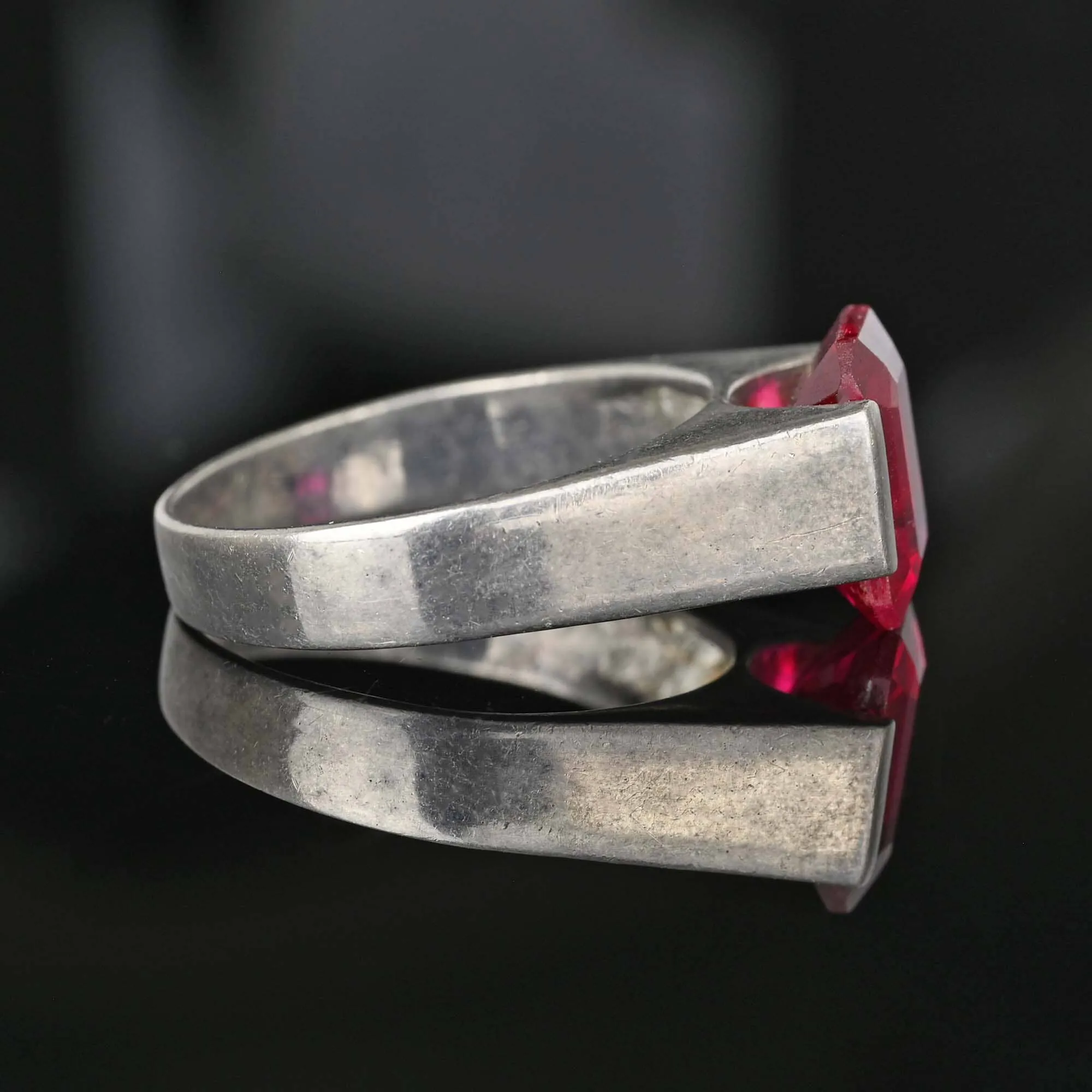 Vintage Step Cut Ruby Sterling Silver Signet Ring