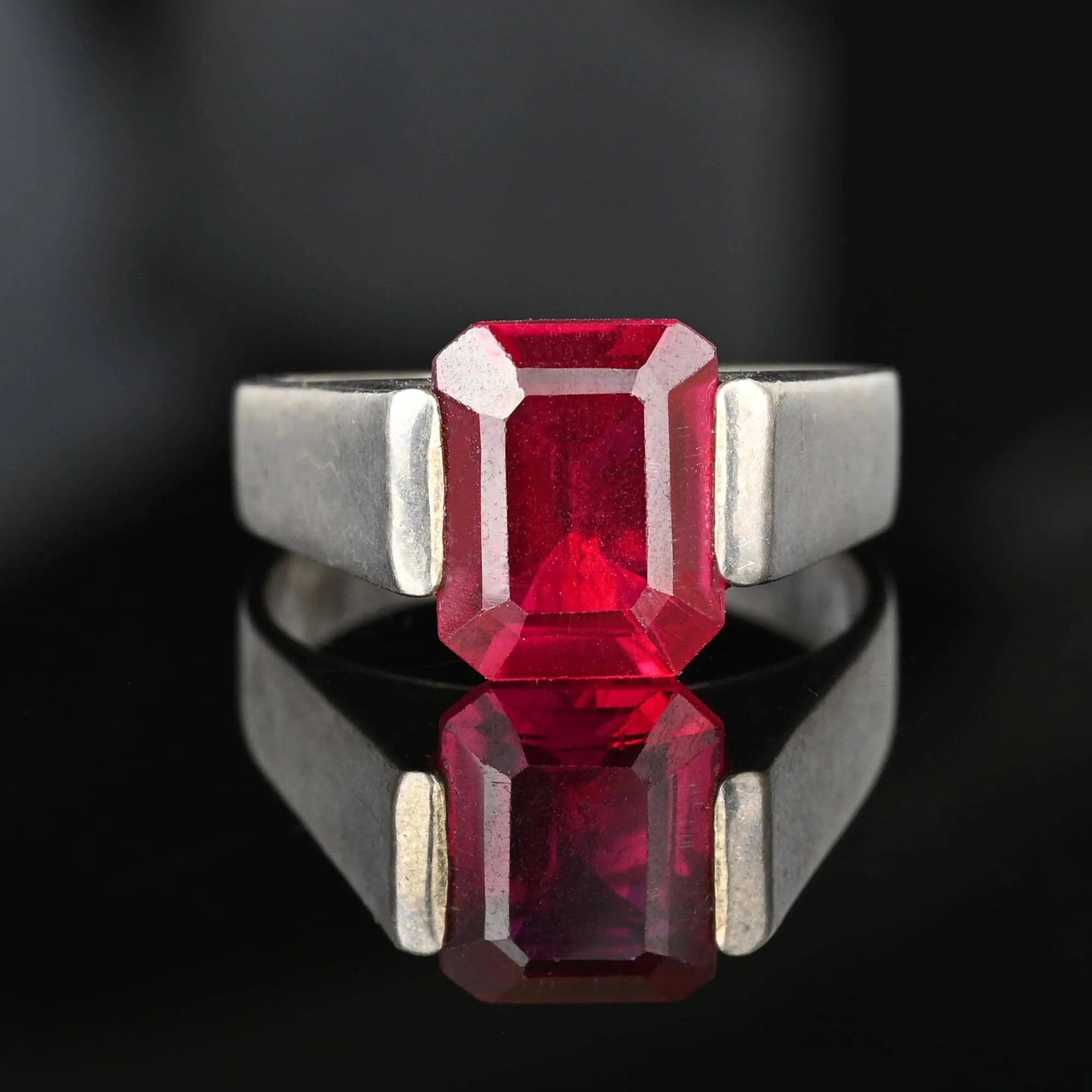 Vintage Step Cut Ruby Sterling Silver Signet Ring