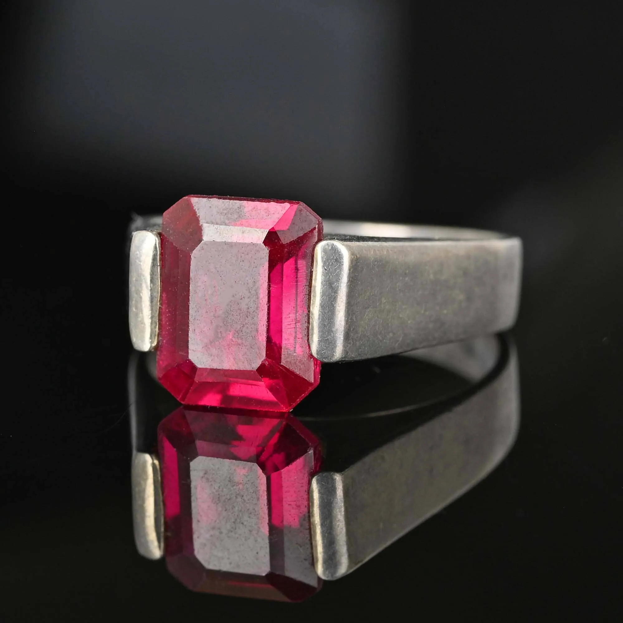 Vintage Step Cut Ruby Sterling Silver Signet Ring