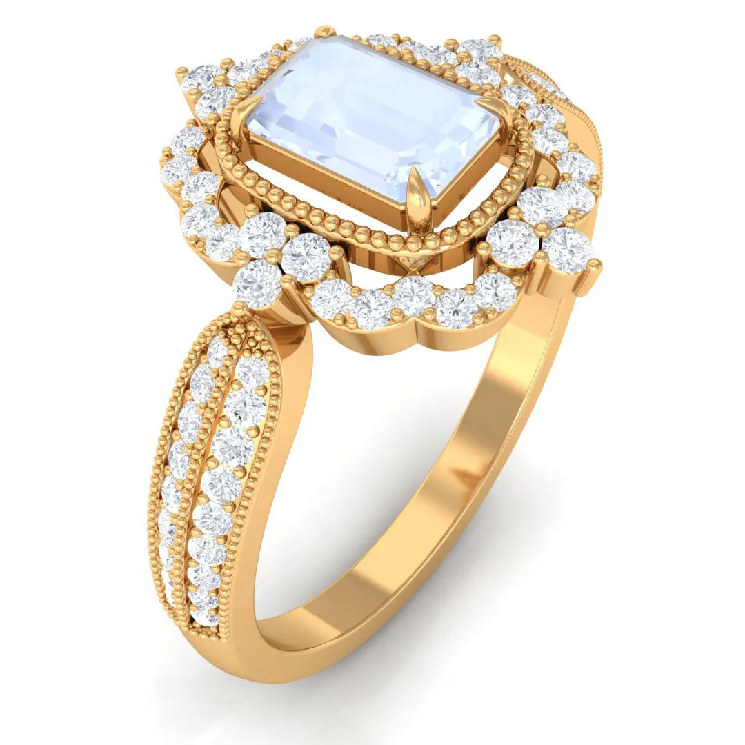 Vintage Style Emerald Cut Moonstone Engagement Ring with Diamond Floral Halo