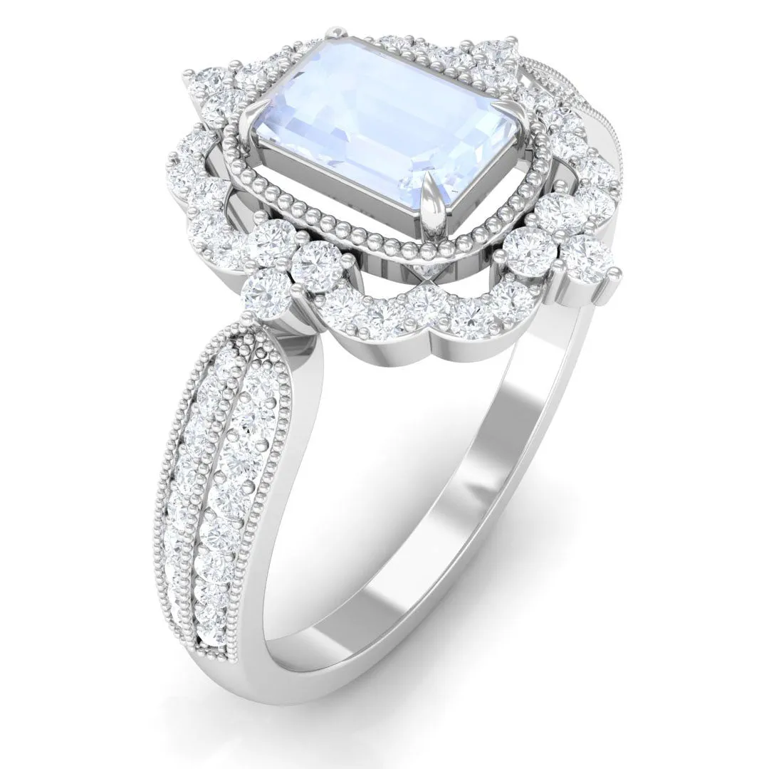 Vintage Style Emerald Cut Moonstone Engagement Ring with Diamond Floral Halo
