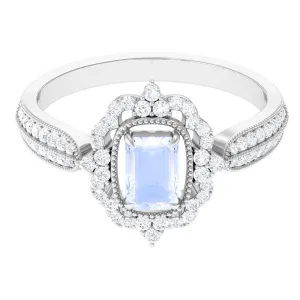 Vintage Style Emerald Cut Moonstone Engagement Ring with Diamond Floral Halo
