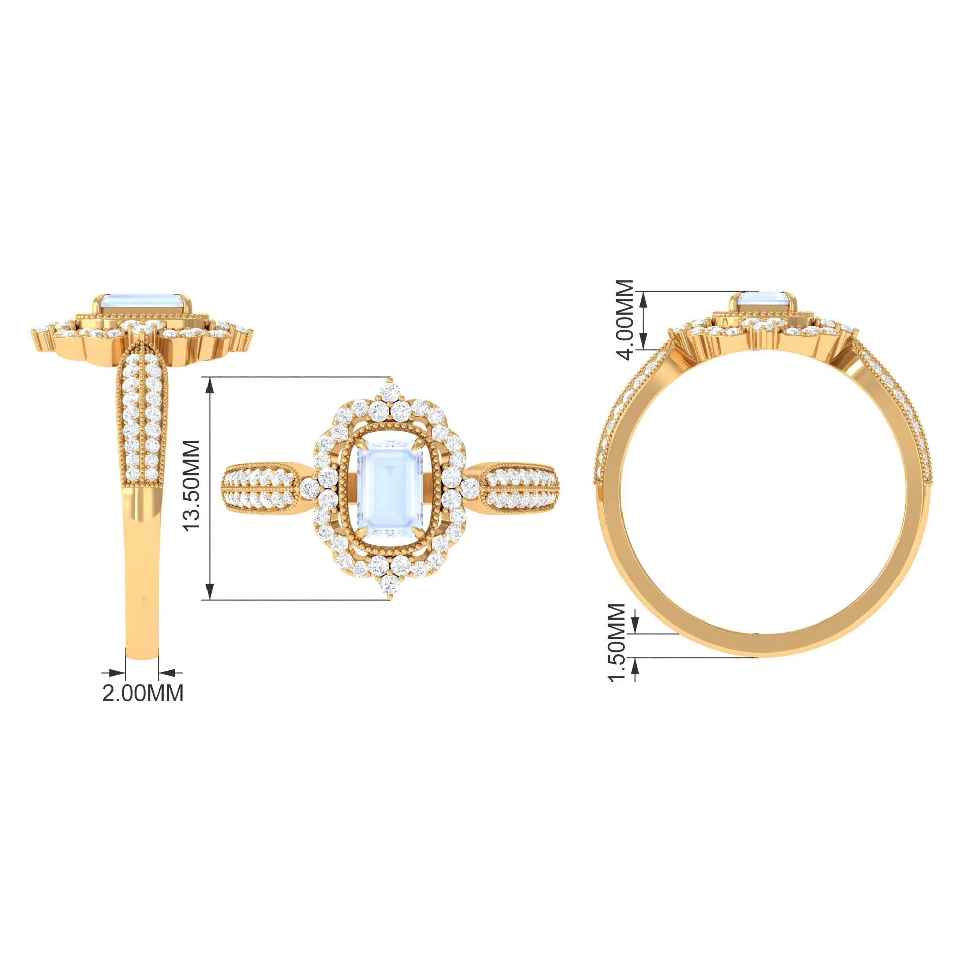 Vintage Style Emerald Cut Moonstone Engagement Ring with Diamond Floral Halo