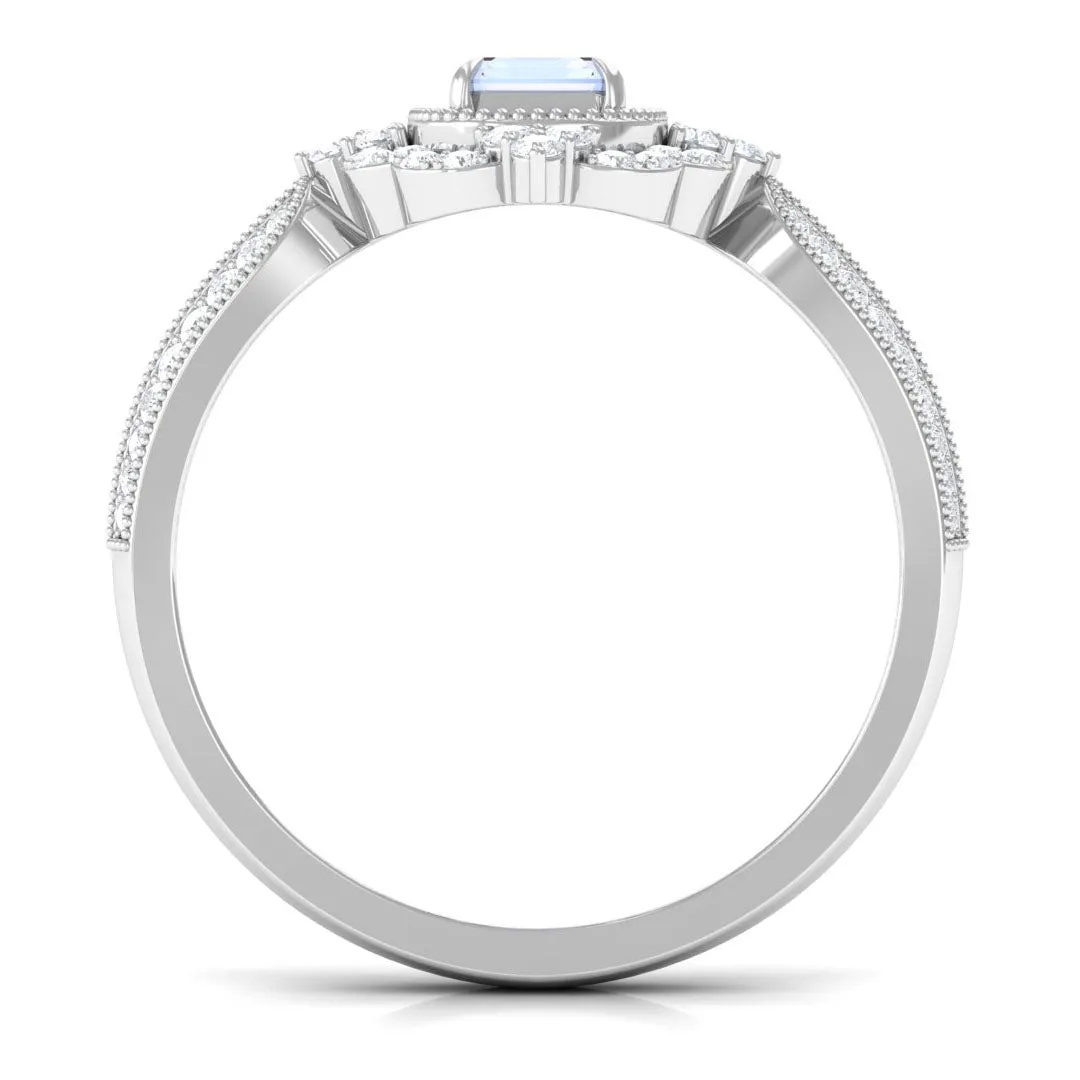 Vintage Style Emerald Cut Moonstone Engagement Ring with Diamond Floral Halo