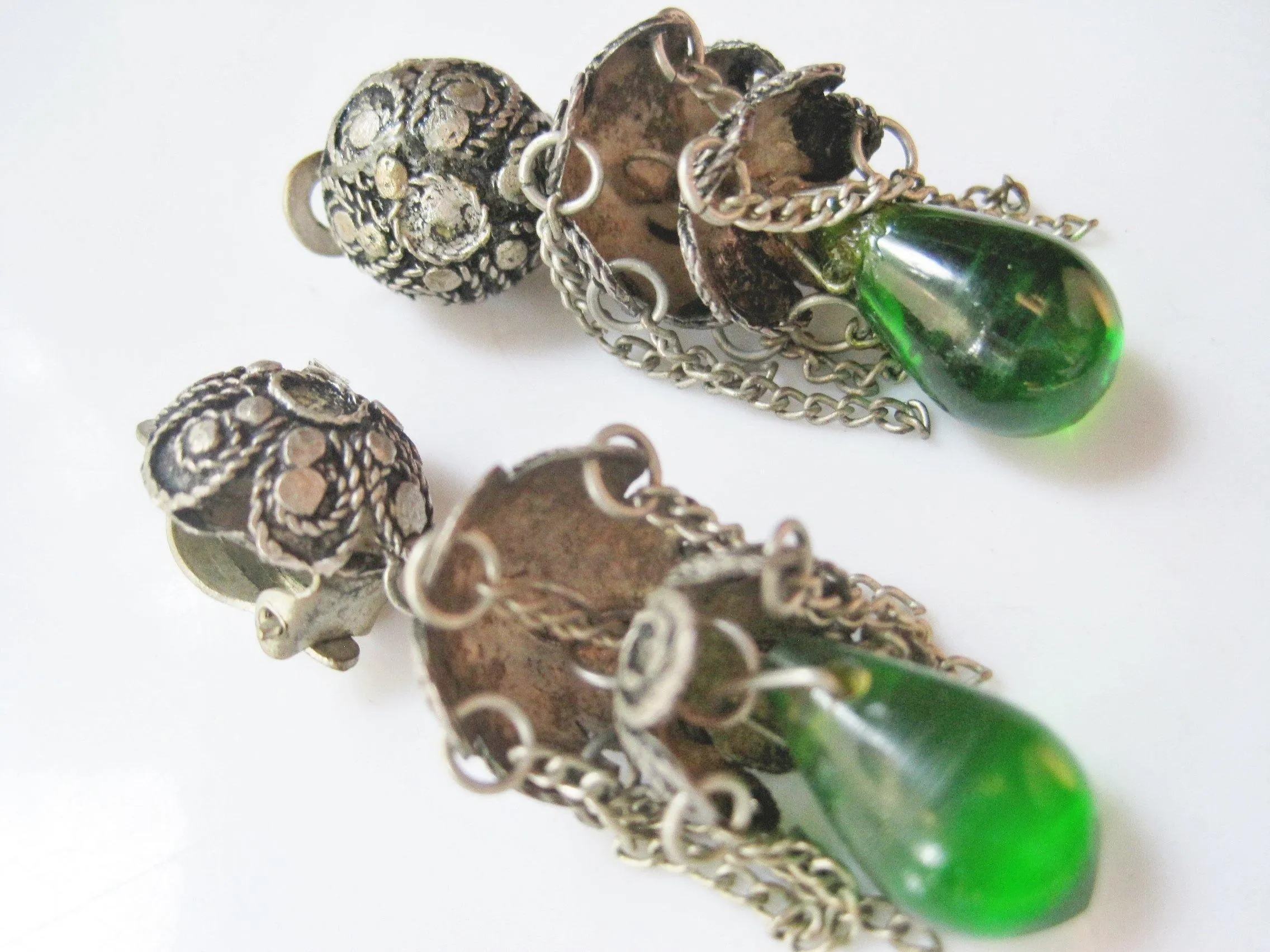 Vintage Turkish Silver Filigree Earrings with Green Glass