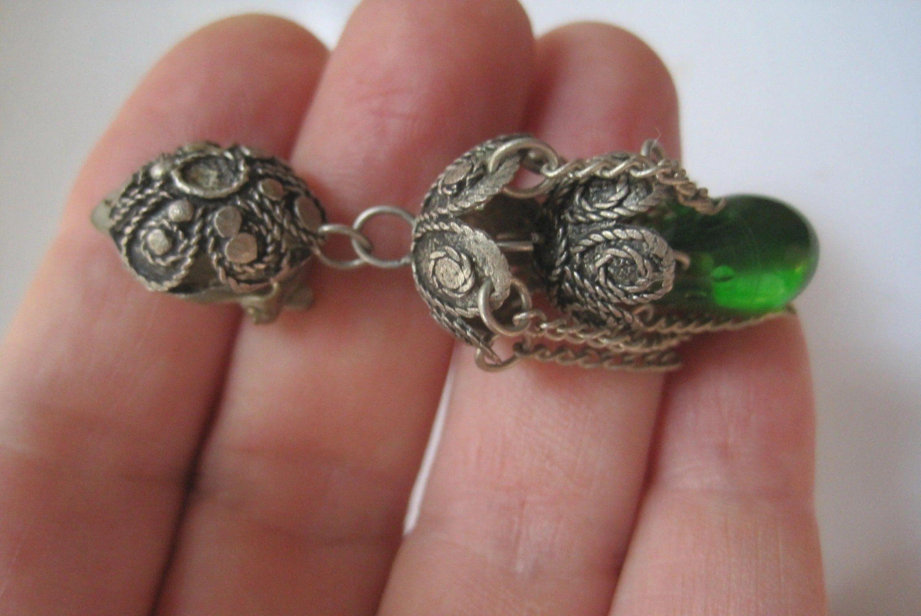 Vintage Turkish Silver Filigree Earrings with Green Glass
