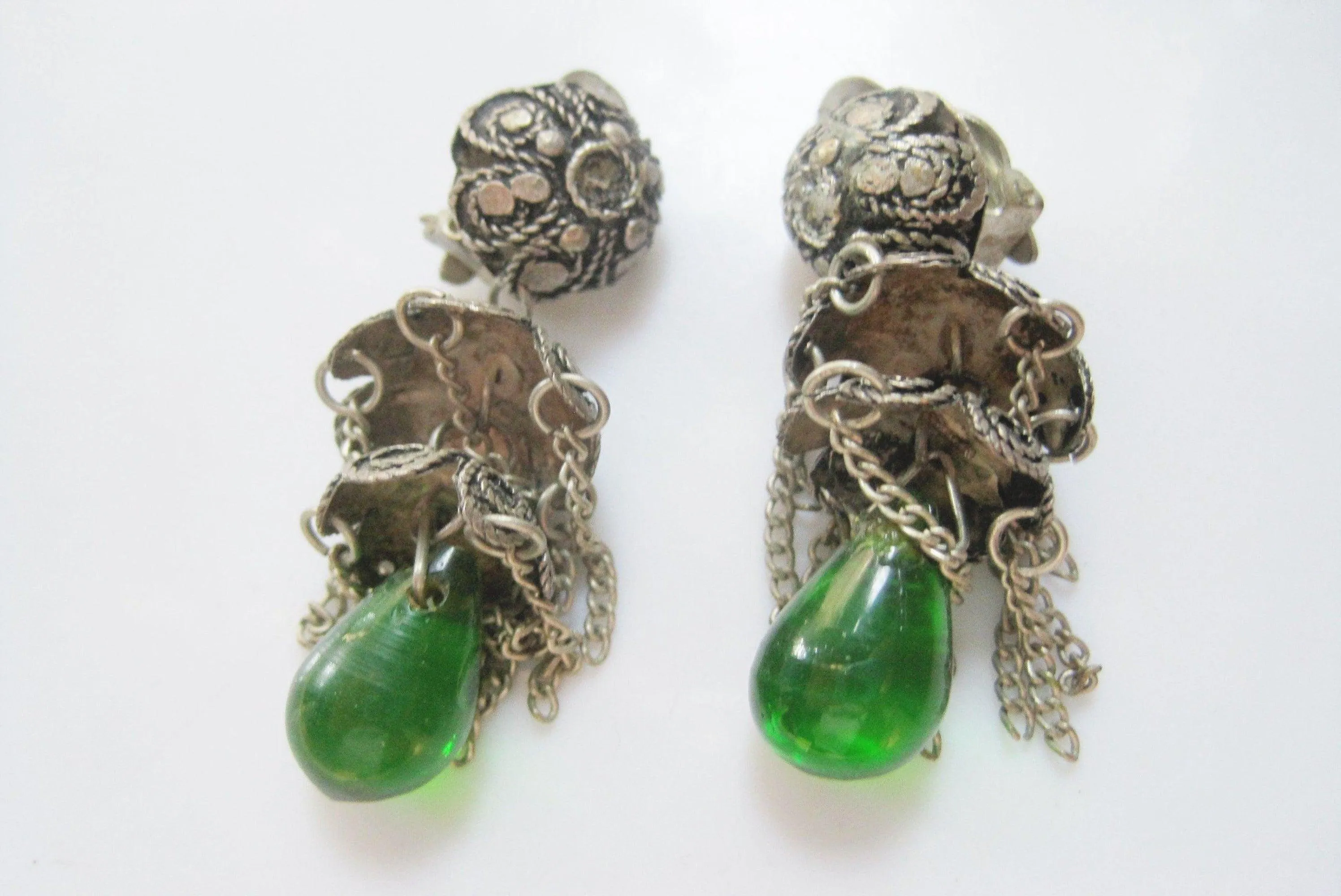 Vintage Turkish Silver Filigree Earrings with Green Glass