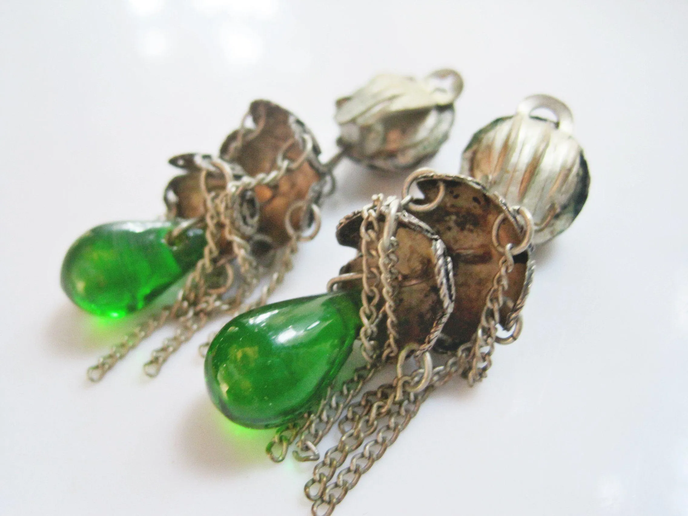 Vintage Turkish Silver Filigree Earrings with Green Glass