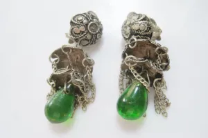 Vintage Turkish Silver Filigree Earrings with Green Glass