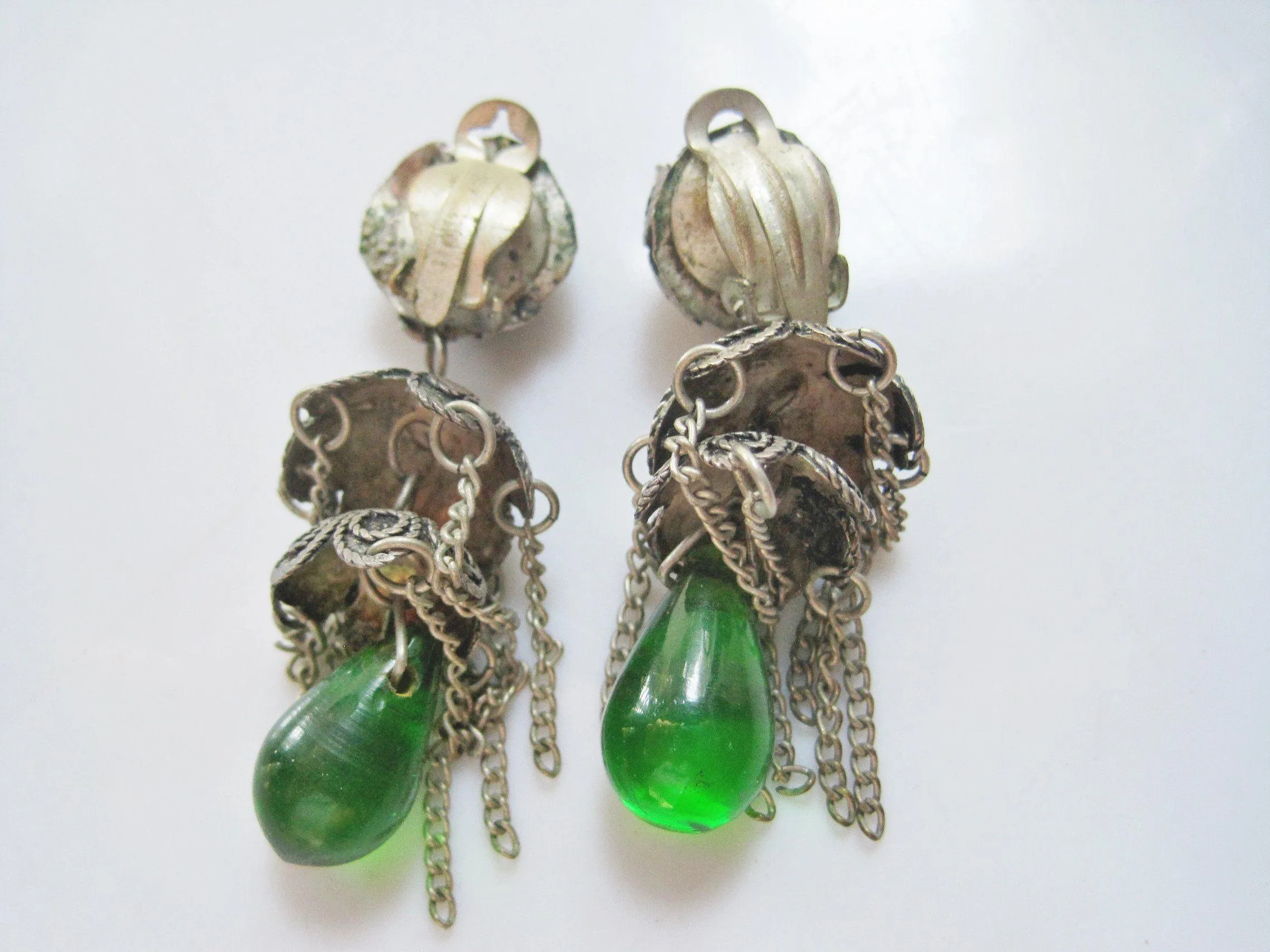 Vintage Turkish Silver Filigree Earrings with Green Glass