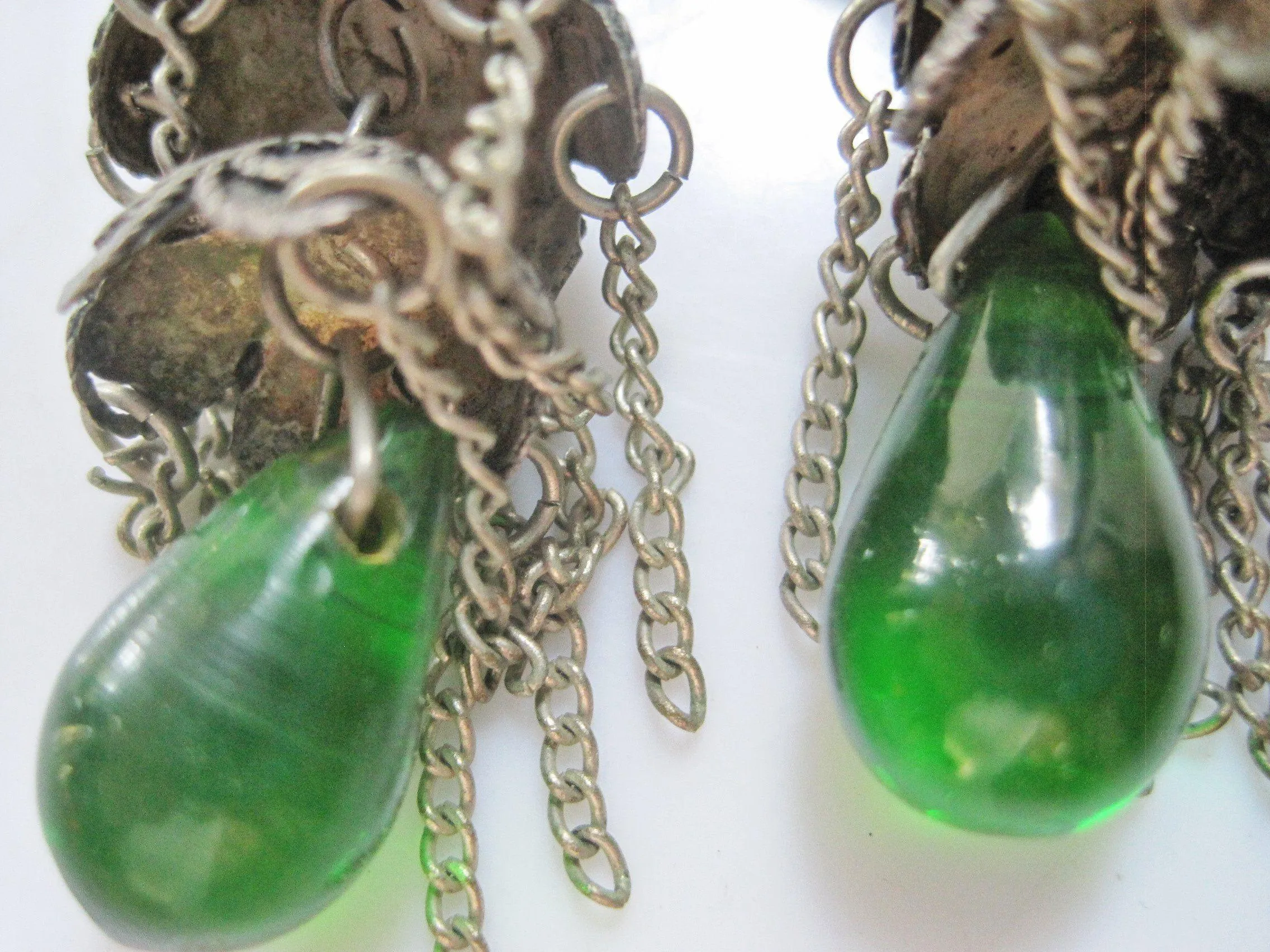 Vintage Turkish Silver Filigree Earrings with Green Glass