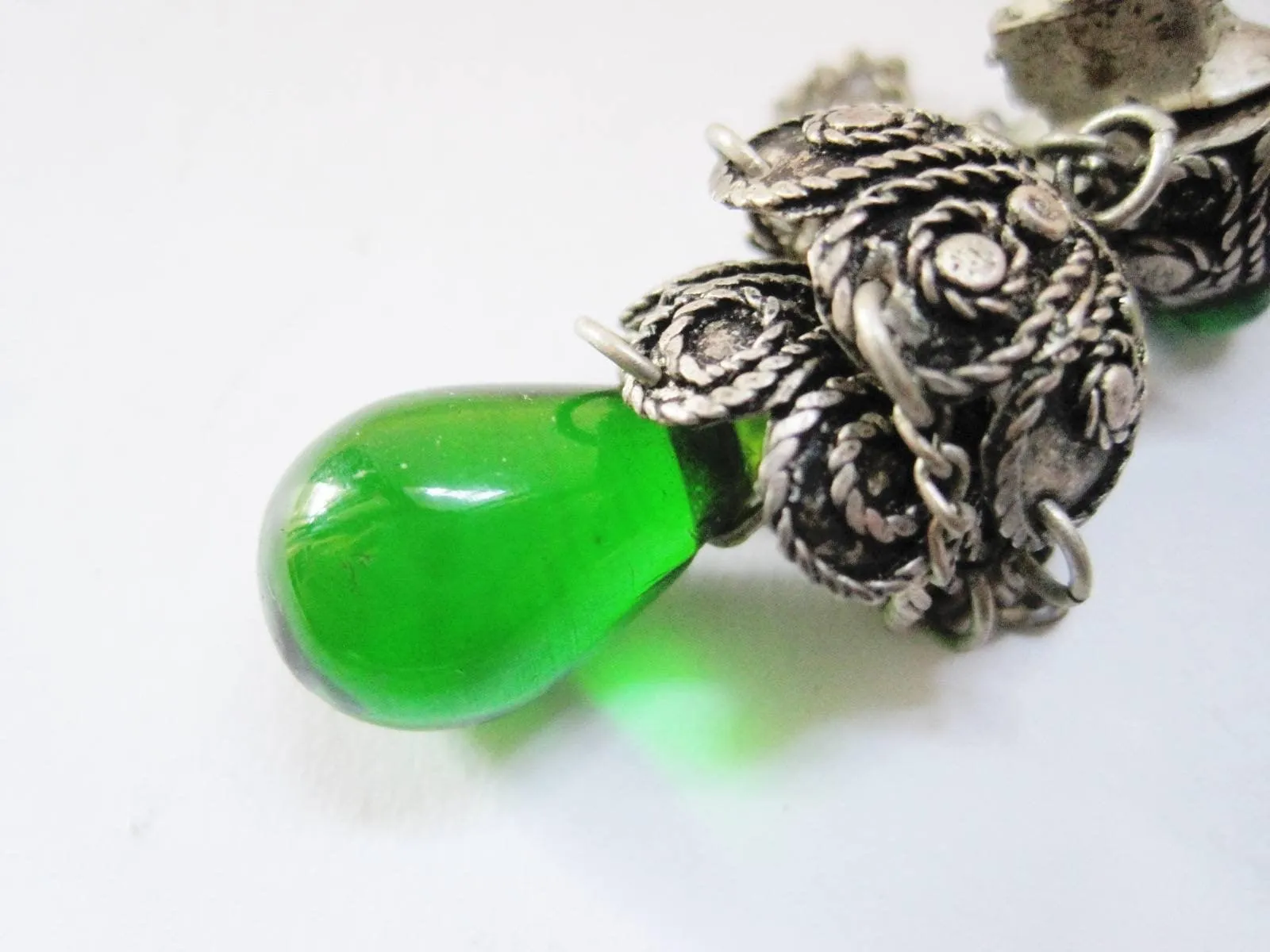 Vintage Turkish Silver Filigree Earrings with Green Glass