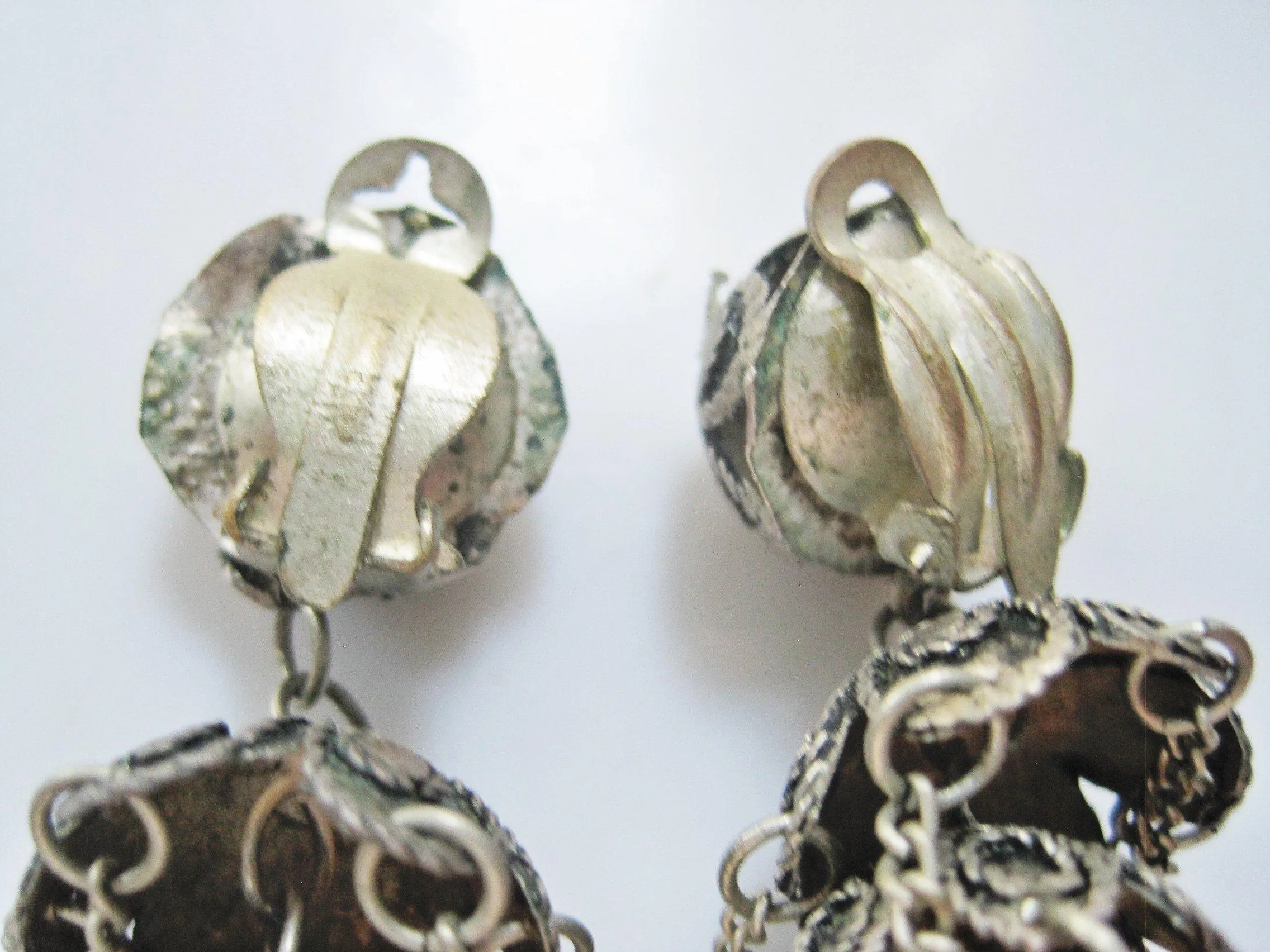 Vintage Turkish Silver Filigree Earrings with Green Glass